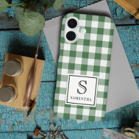 Simple Green and White Plaid Black Monogram & Name