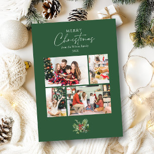 Simple Green Christmas 4 Photo Collage Greenery Holiday Card