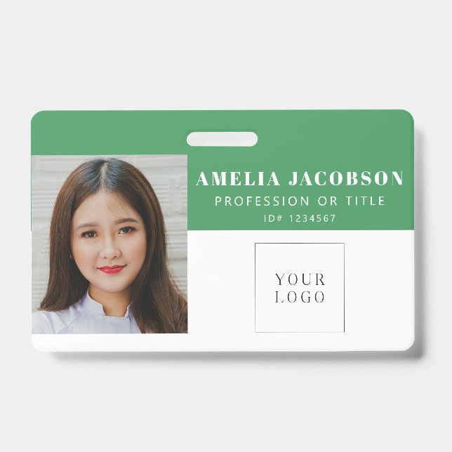 Simple Green Employee Photo ID Logo Barcode  Badge (Front)