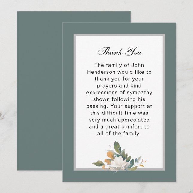 Simple Green Floral Funeral Thank You Card (Front/Back)