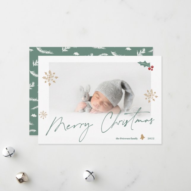 Simple green gold merry Christmas photo snowflake Holiday Card (Front/Back In Situ)