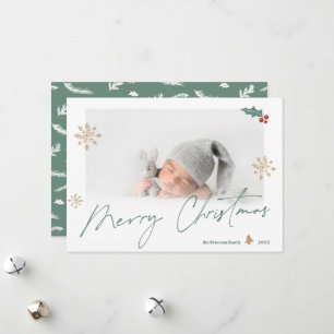 Simple green gold merry Christmas photo snowflake Holiday Card