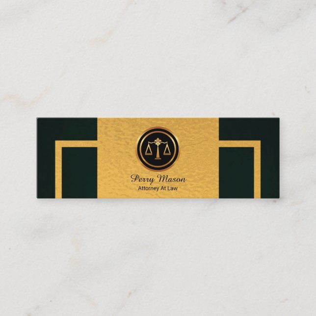 Simple Green Grunge Vertical Gold Border Lawyer Mini Business Card (Front)