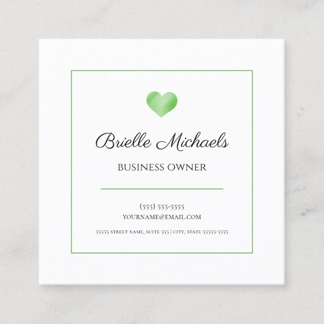 Simple Green Heart With Elegant Black Script Square Business Card (Front)