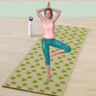 Simple Green Leaf Pattern on Beige Yoga Mat