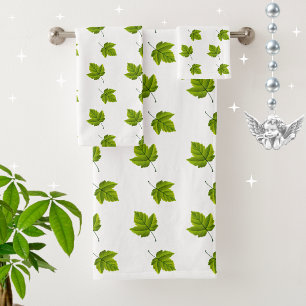 Simple Green Leaf Pattern on White Bath Towel Set