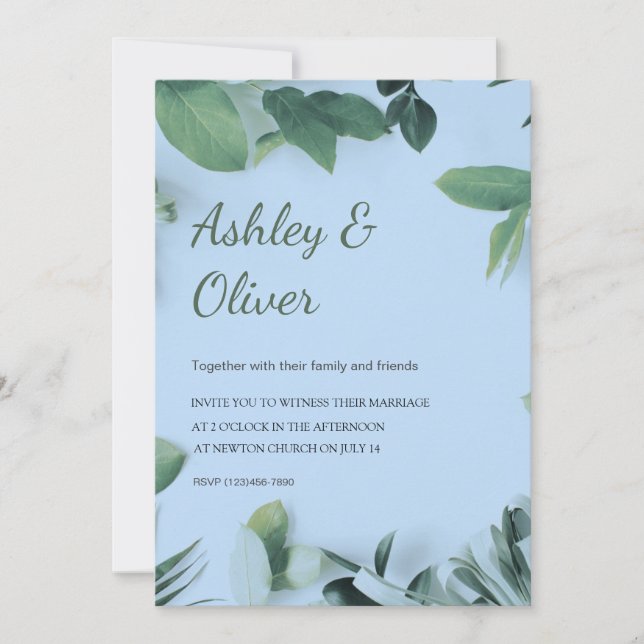 Simple Green Leaves Blue Greenery Wedding Invitation (Front)