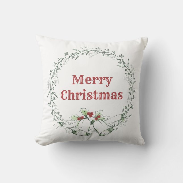 Simple Green Leaves Family Name Wreath Christmas Throw Pillow (Front)
