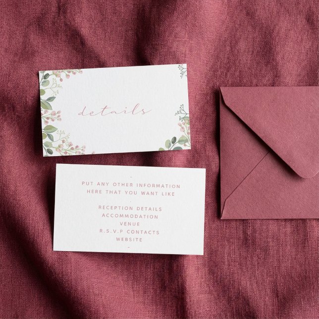 Simple green leaves, pink flowers, details wedding enclosure card (Simple green leaves, pink flowers, details wedding enclosure card.)