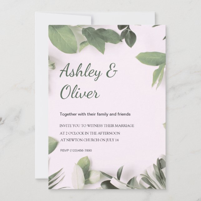Simple Green Leaves Pink Greenery Wedding Invitation (Front)