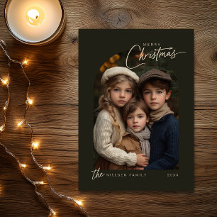 Simple Green Merry Christmas Script Photo Holiday Card