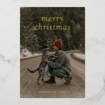 Simple Green Modern Christmas Foil Holiday Card<br><div class="desc">Modern Christmas card with "merry christmas" in a simple serif font over your favourite photo.  The back has your personalized message over a dark green background.</div>