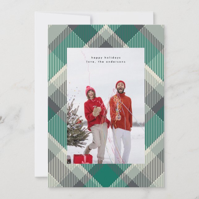 Simple Green Modern Christmas Plaid Photo Happy Holiday Card (Front)