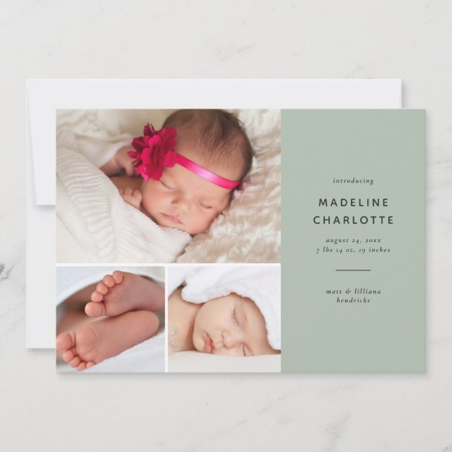 Simple Green Modern Multi-Photo Birth Announcement (Front)