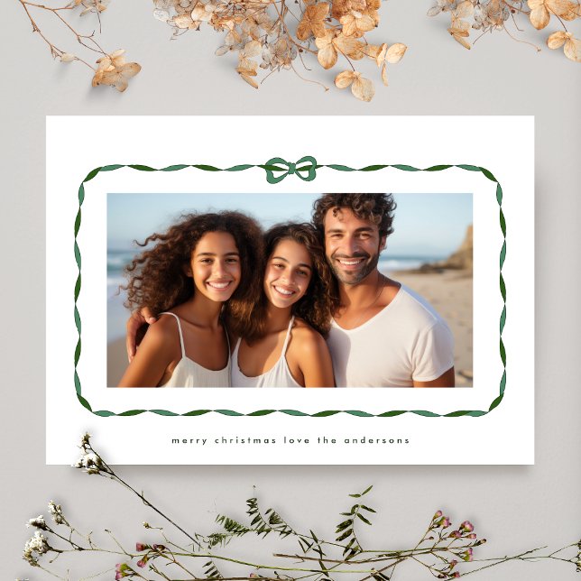 Simple Green Modern Ribbon Photo Christmas Holiday Card (Creator Uploaded)