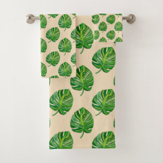 Simple Green Monstera Leaf Pattern on Light Beige Bath Towel Set