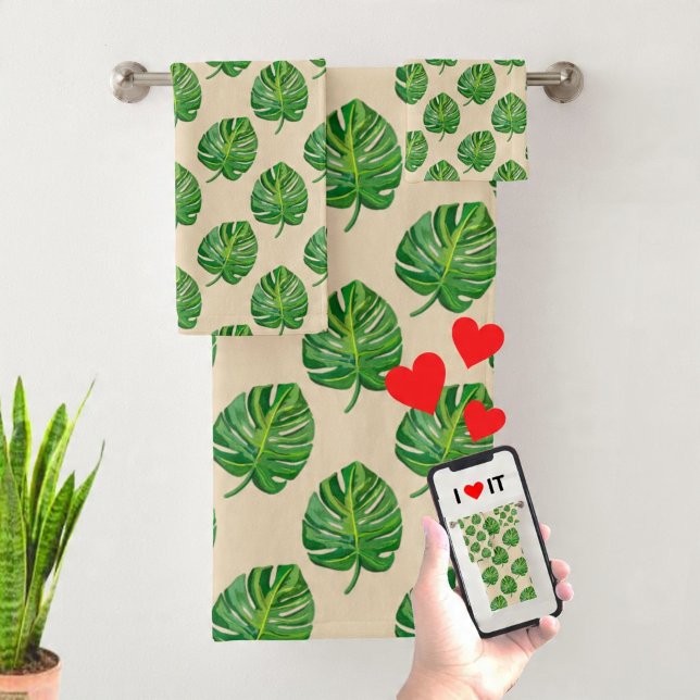 Simple Green Monstera Leaf Pattern on Light Beige Bath Towel Set (Creator Uploaded)