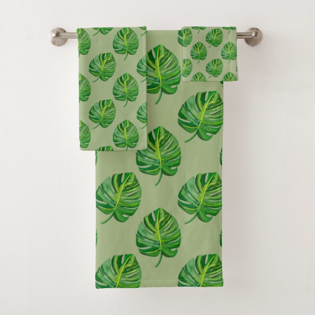 Simple Green Monstera Leaf Pattern on Sage Green Bath Towel Set (Insitu)