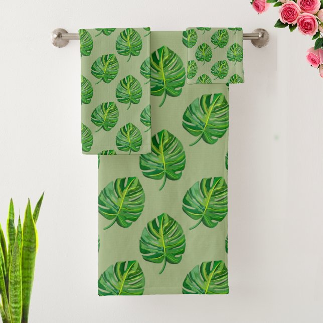 Simple Green Monstera Leaf Pattern on Sage Green Bath Towel Set (Creator Uploaded)