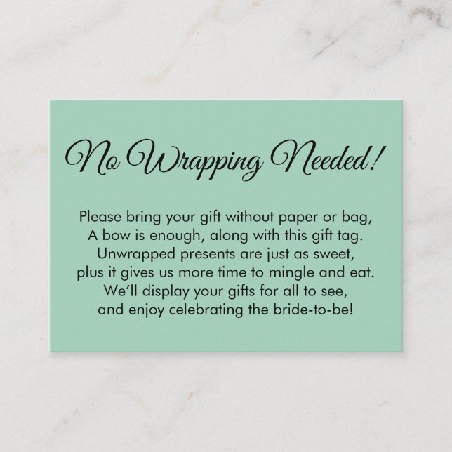Simple Green No Wrapping Needed Bridal Shower Enclosure Card (Front)