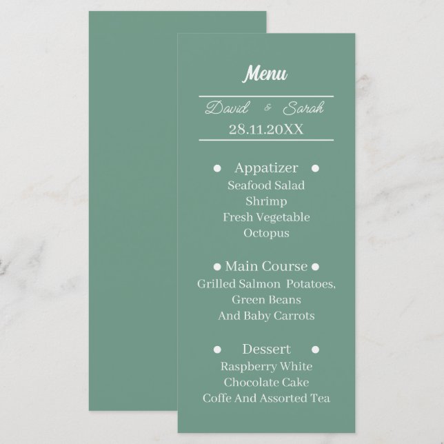 Simple Green Personalized Wedding Dinner Menu (Front/Back)