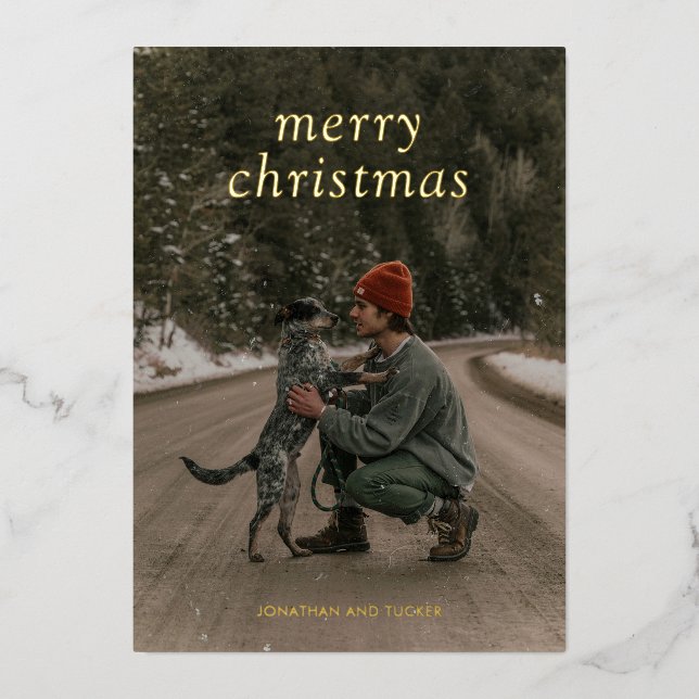Simple Green Photo Modern Christmas Foil Holiday Card (Front)