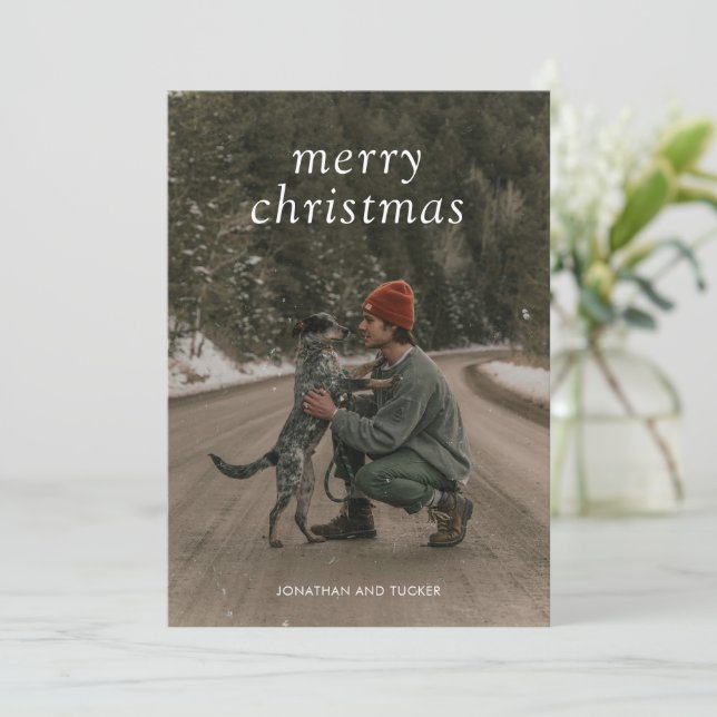 Simple Green Photo Modern Christmas Holiday Card (Standing Front)