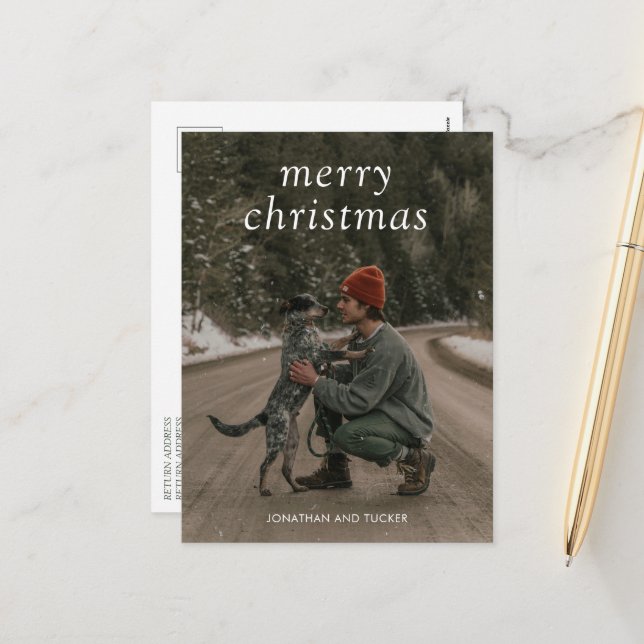 Simple Green Photo Modern Christmas Holiday Postcard (Front/Back In Situ)