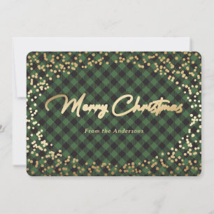 Simple Green Plaid Gold Foil Christmas Cards