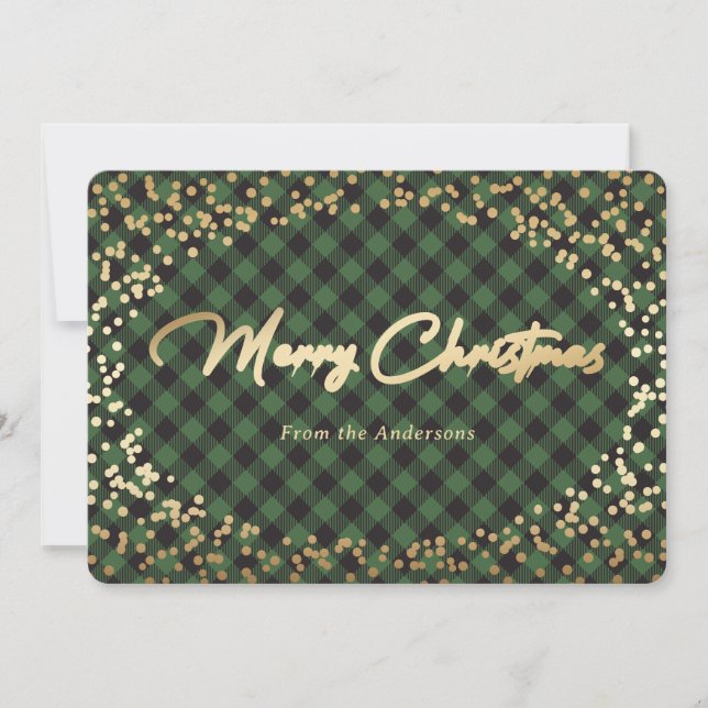 Simple Green Plaid Gold Foil Christmas Cards (Front)