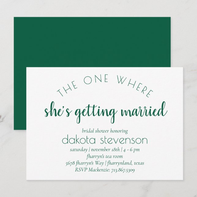 Simple Green Script | One Where She Gets Married Invitation (Front/Back)