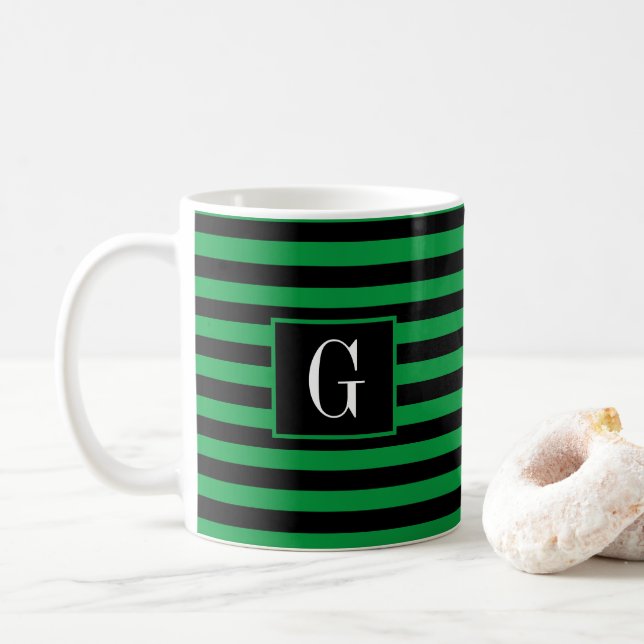 Simple Green Striped Father's Day Initial Gift Coffee Mug (With Donut)
