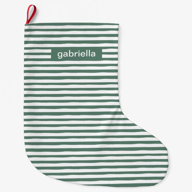 Simple Green Stripes with Name Large Christmas Stocking (Front)