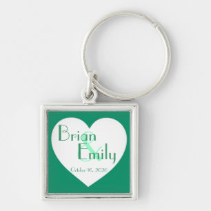 Simple green white heart customizable keychain