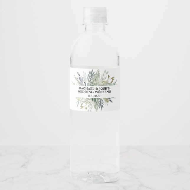 Simple Greenery and Foliage Wedding Water Bottle Label (Front)