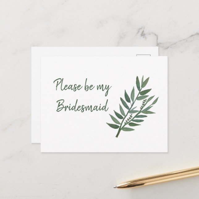 Simple Greenery Botanical Bridesmaid Proposal  Postcard (Front/Back In Situ)