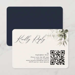 Simple Greenery Botanical Dark Navy QR Code RSVP Card