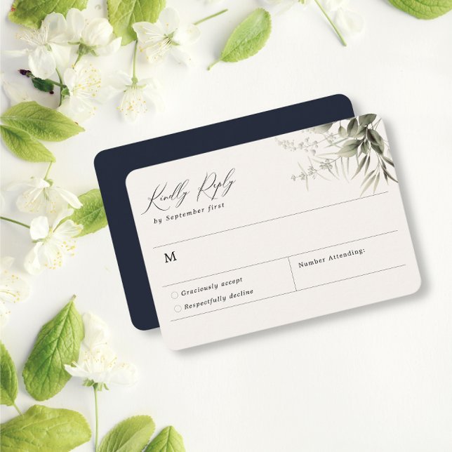 Simple Greenery Botanical Navy RSVP Card (Creator Uploaded)