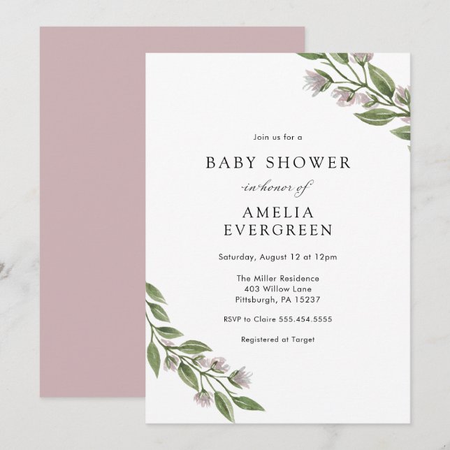 Simple Greenery Branches with Lavender Baby Shower Invitation (Front/Back)