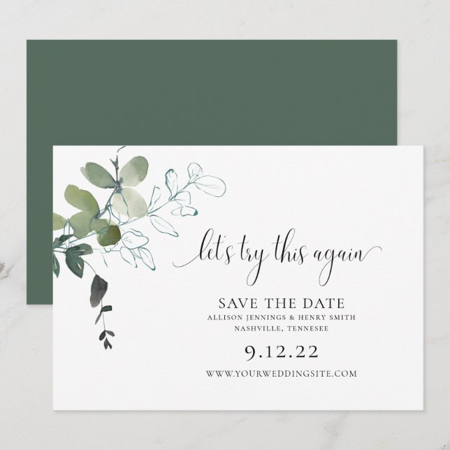 Simple Greenery Change the Date Wedding Save The D Save The Date (Front/Back)