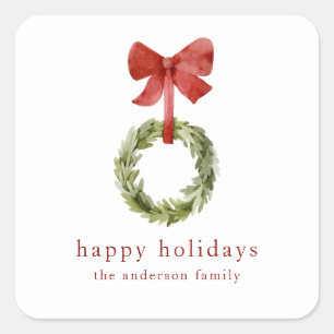 Simple Greenery Christmas Wreath Red Bow Square Sticker