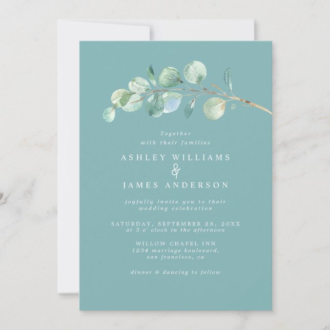 Simple Greenery Dusty Turquoise Wedding Invitation (Front)