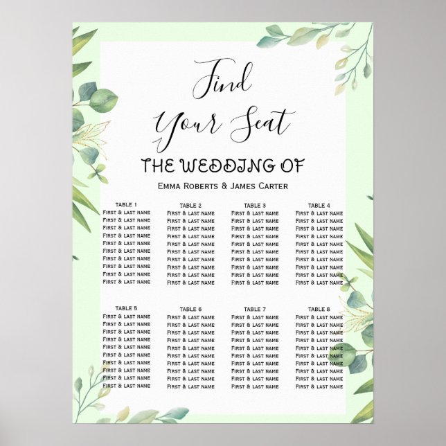 Simple Greenery Elegant Wedding Seating Chart (Front)