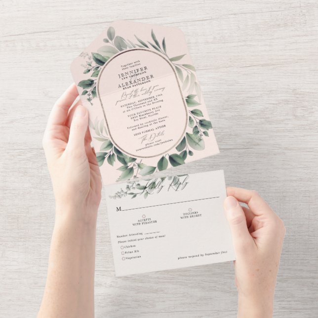 Simple Greenery Eucalyptus & Soft Pink Wedding  All In One Invitation (Tearaway)