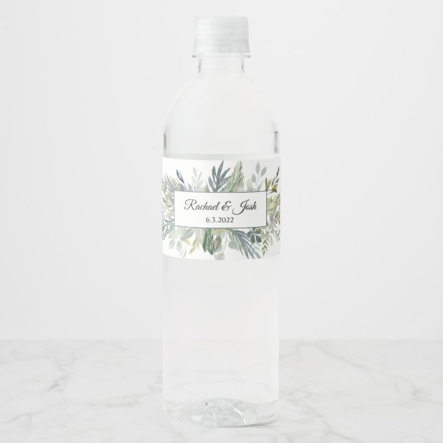 Simple Greenery Foliage Wedding Bouquet  Water Bottle Label (Front)