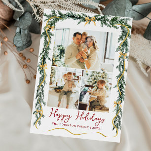 Simple Greenery Gold Bows Happy Holidays 3 Photo Holiday Card