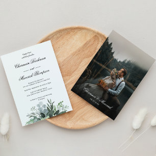 Simple Greenery Leaf Photo Black White Wedding Invitation