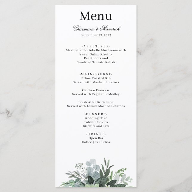 Simple Greenery Leaf Wedding Menu (Front)