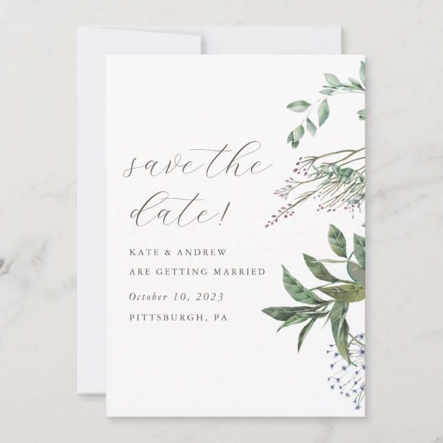 Simple Greenery Meadow Wedding Save the Date (Front)