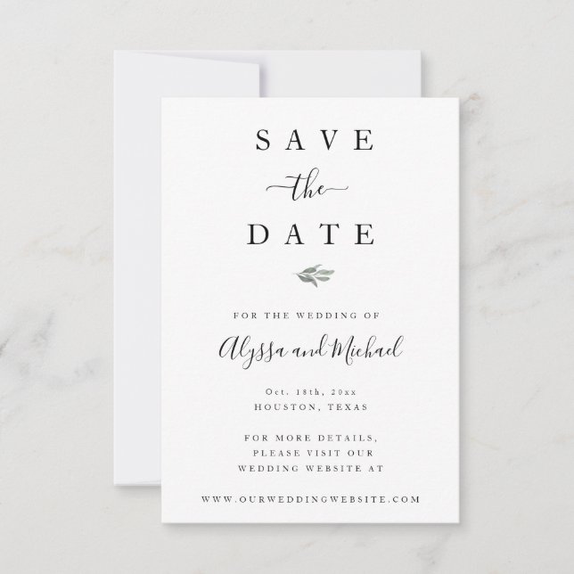 Simple Greenery Modern Save The Date Card (Front)